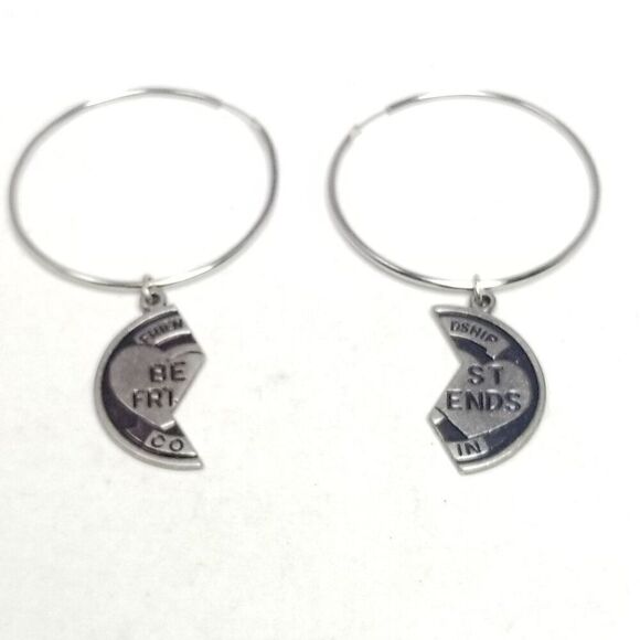 Vintage Best Friend Dangle Charm Hoop Earrings, Silver Tone Friendship Coin - Picture 3 of 7